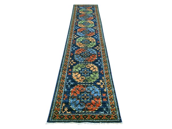 2'6"x12' Yale Blue, Afghan Ersari with Elephant Feet Design, Hand Knotted, Natural Dyes, Denser Weave, Pure Wool, Runner, Oriental Rug HR22554