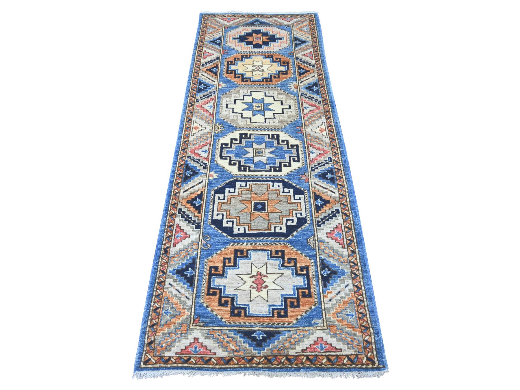 2'8"x7'4" Maya Blue, Hand Knotted, Afghan Ersari with Elephant Feet Design, Denser Weave, Vegetable Dyes, Pure Wool, Runner, Oriental Rug HR22555