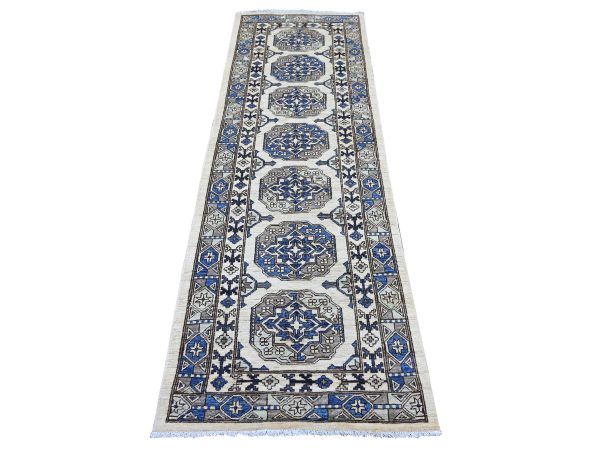 2'8"x8' Pearl White, Afghan Ersari with Elephant Feet Design, Hand Knotted, Natural Dyes, Denser Weave, Pure Wool, Runner, Oriental Rug HR22587