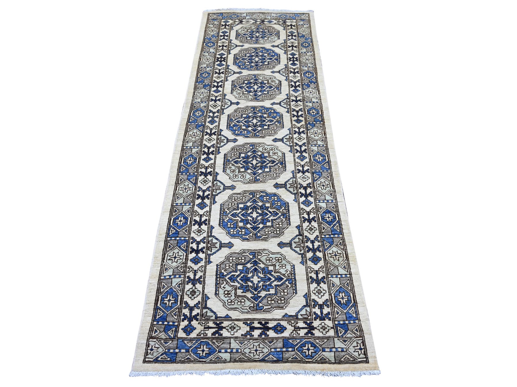 2'8"x8' Pearl White, Afghan Ersari with Elephant Feet Design, Hand Knotted, Natural Dyes, Denser Weave, Pure Wool, Runner, Oriental Rug HR22587