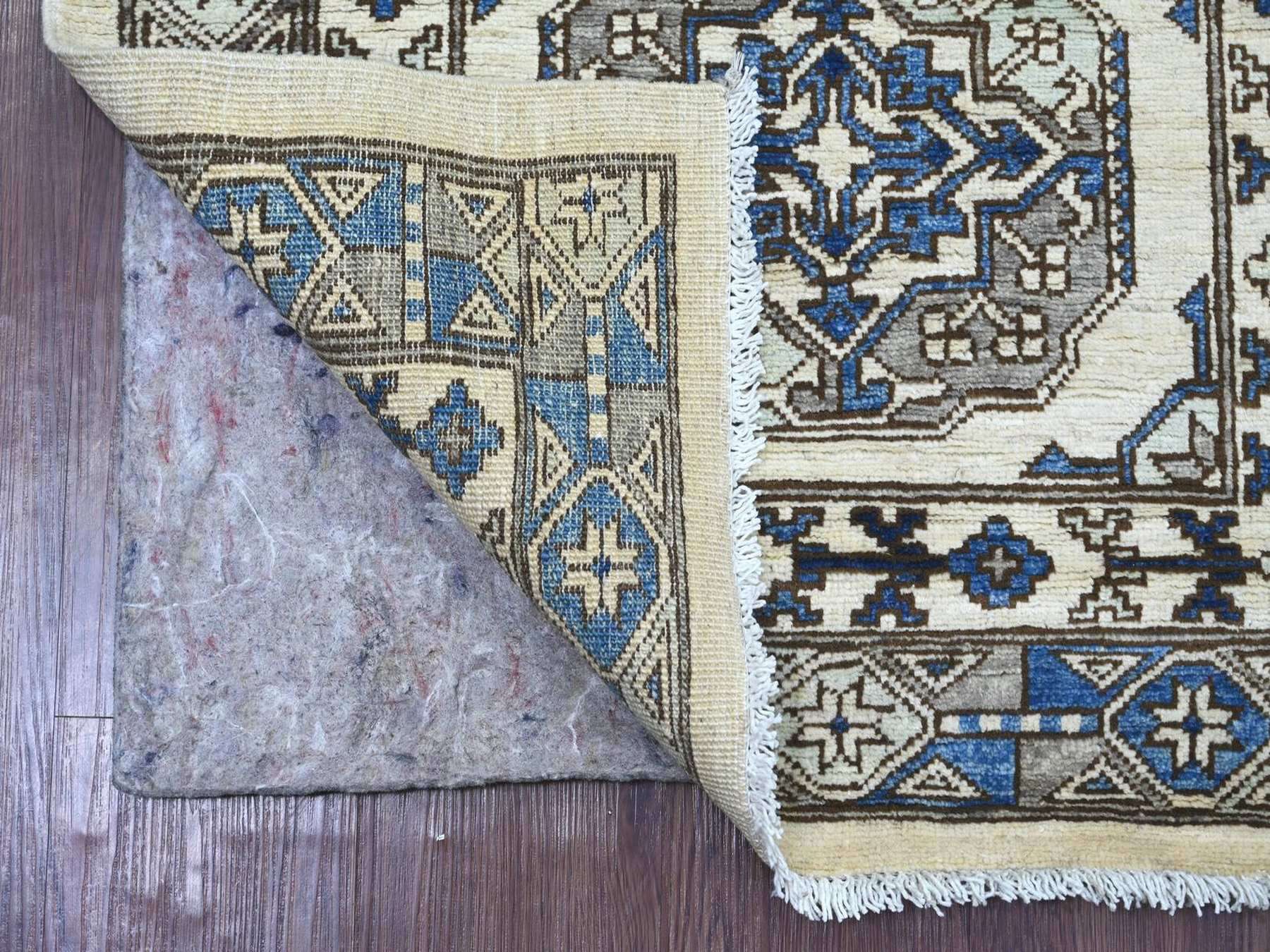2'8"x8' Pearl White, Afghan Ersari with Elephant Feet Design, Hand Knotted, Natural Dyes, Denser Weave, Pure Wool, Runner, Oriental Rug HR22587 - Image 2