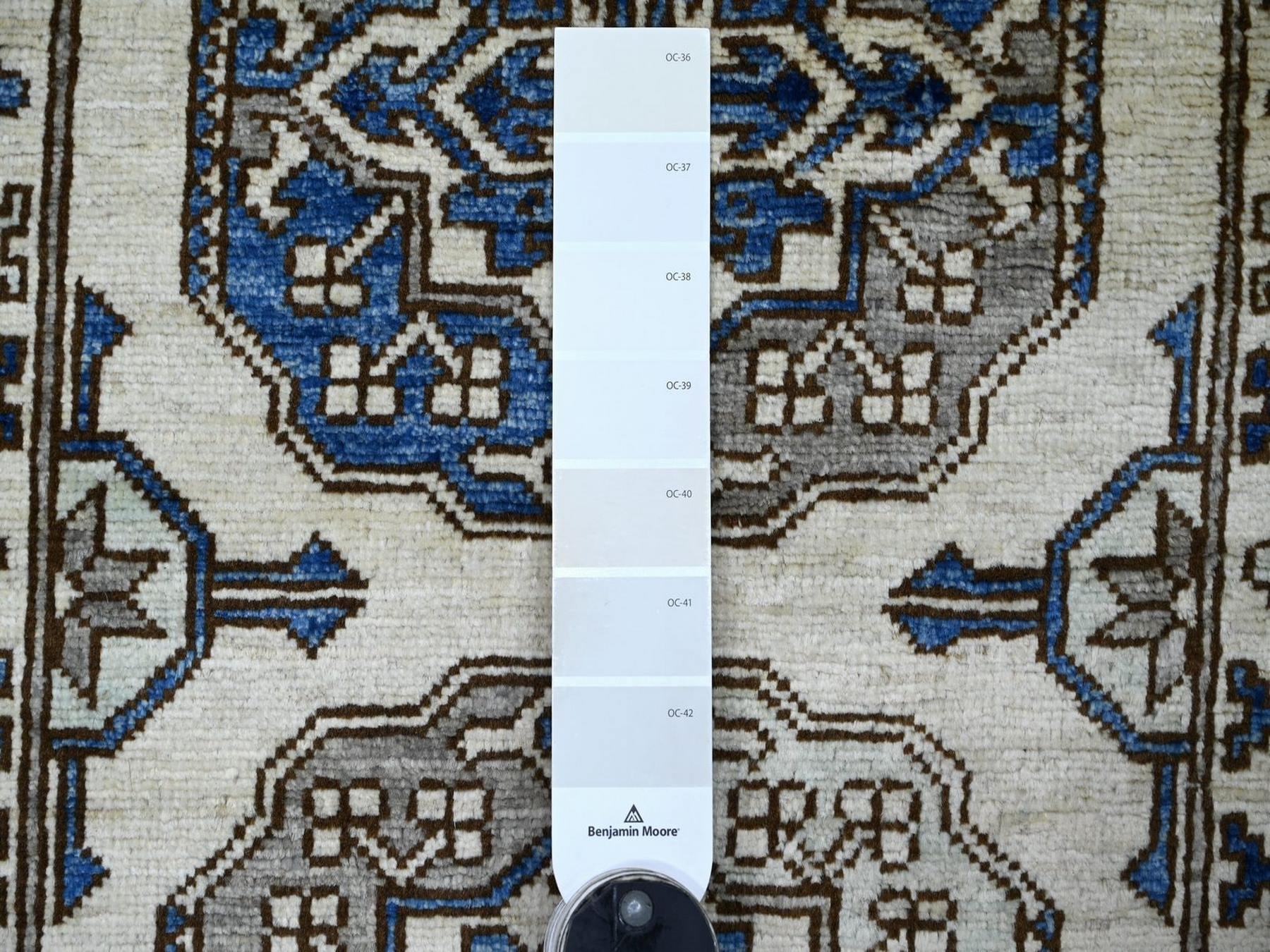 2'8"x8' Pearl White, Afghan Ersari with Elephant Feet Design, Hand Knotted, Natural Dyes, Denser Weave, Pure Wool, Runner, Oriental Rug HR22587 - Image 3