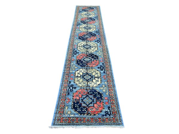 2'6"x12' Maya Blue, Afghan Ersari with Elephant Feet Design, Hand Knotted, Denser Weave, Vegetable Dyes, Pure Wool, Runner, Oriental Rug HR22588