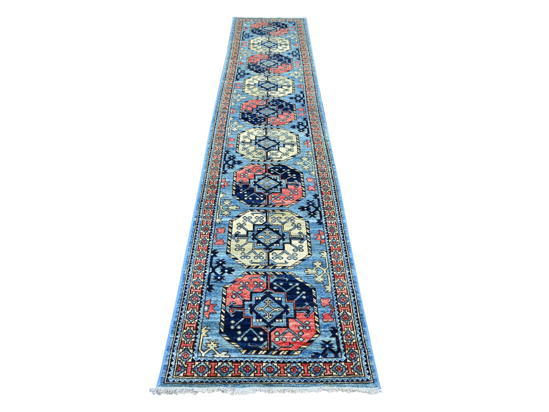 2'6"x12' Maya Blue, Afghan Ersari with Elephant Feet Design, Hand Knotted, Denser Weave, Vegetable Dyes, Pure Wool, Runner, Oriental Rug HR22588