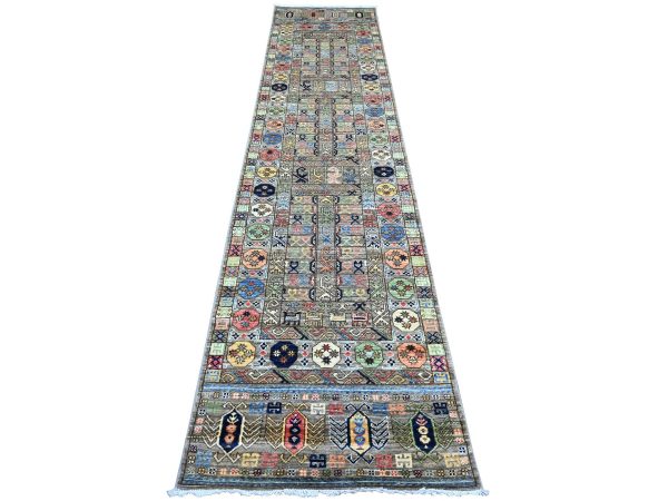 2'7"x11'8" Stone Gray, Afghan Ersari with Hutchlu Design, Reimagined, Vegetable Dyes, Hand Knotted, Denser Weave, Soft Wool, Runner, Oriental Rug HR22590