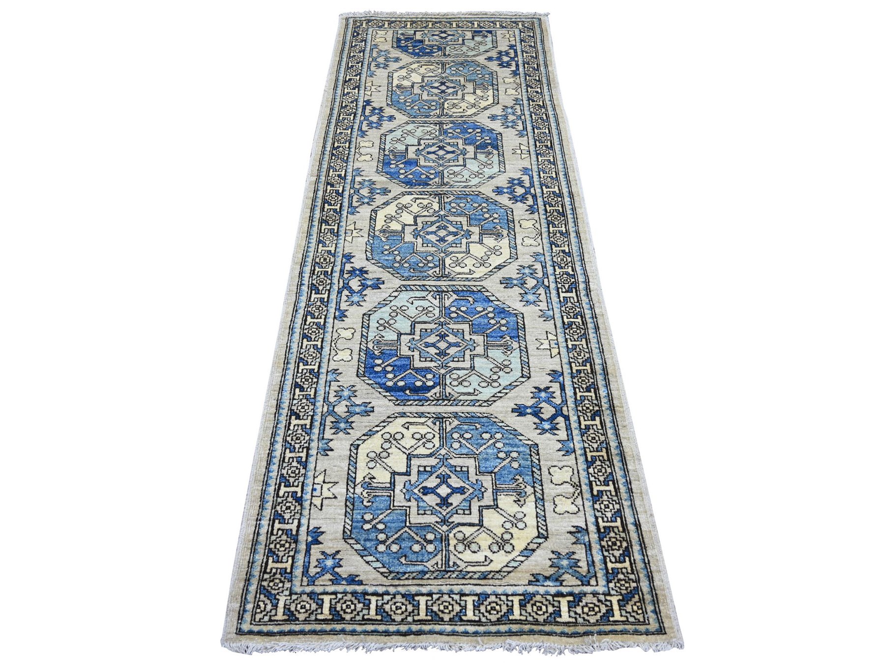 2'8"x7'6" Oyster Gray, Afghan Ersari with Elephant Feet Design, Hand Knotted, Natural Dyes, Denser Weave, Pure Wool, Runner, Oriental Rug HR22663
