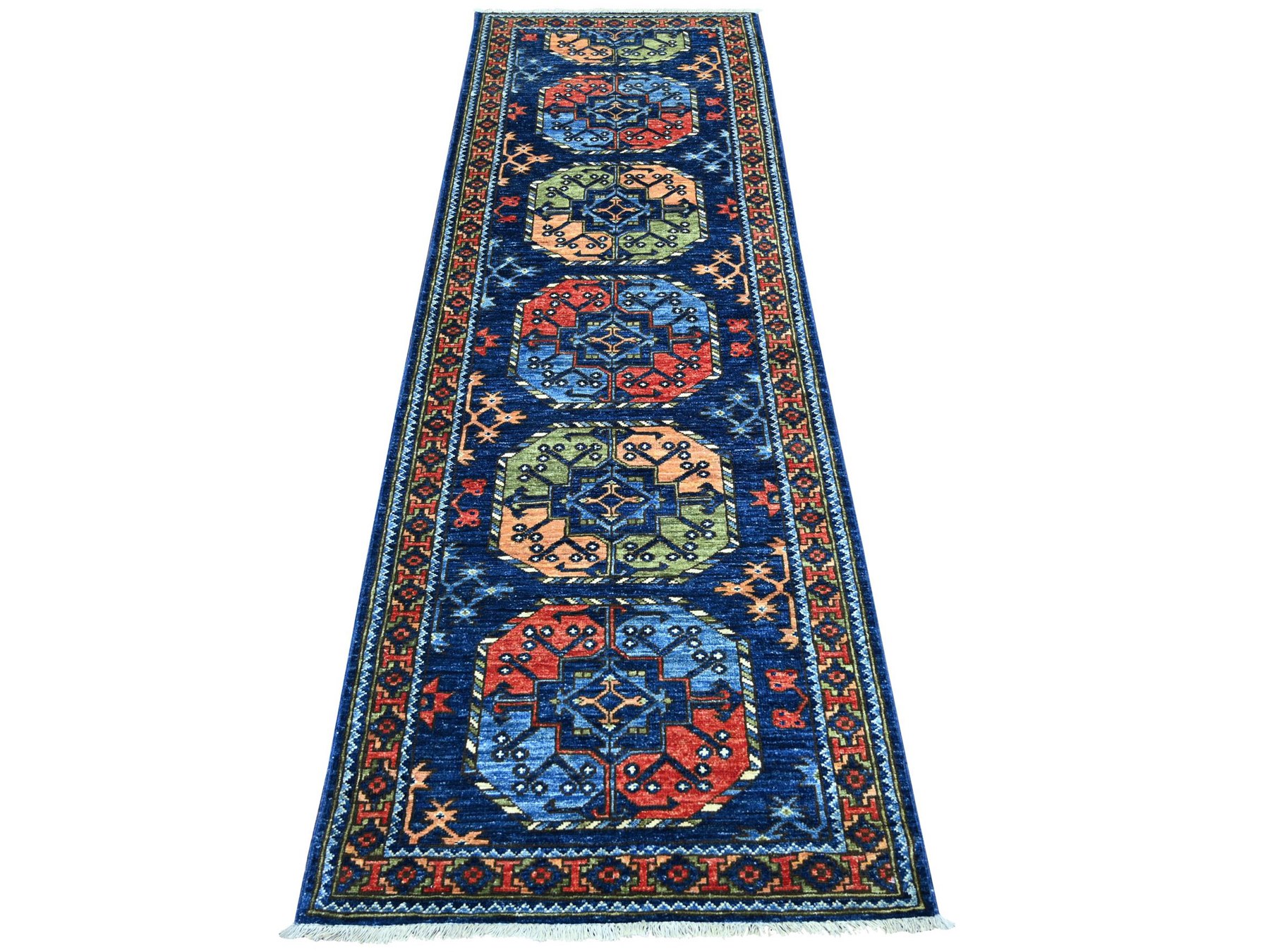 2'8"x8'2" Yale Blue, Afghan Ersari with Elephant Feet Design, Hand Knotted, Vegetable Dyes, Denser Weave, Pure Wool, Runner, Oriental Rug HR22664