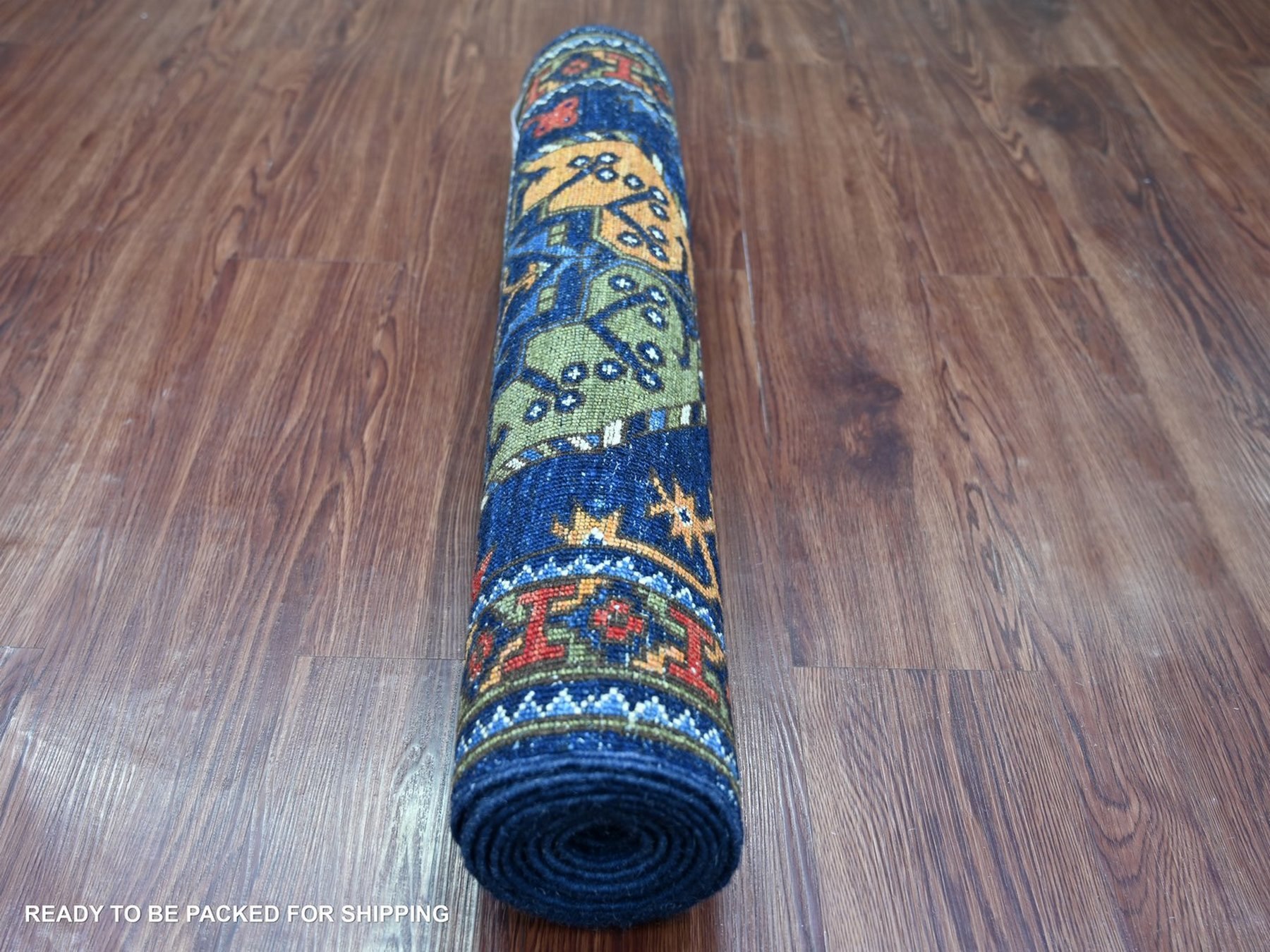 2'8"x8'2" Yale Blue, Afghan Ersari with Elephant Feet Design, Hand Knotted, Vegetable Dyes, Denser Weave, Pure Wool, Runner, Oriental Rug HR22664 - Image 4