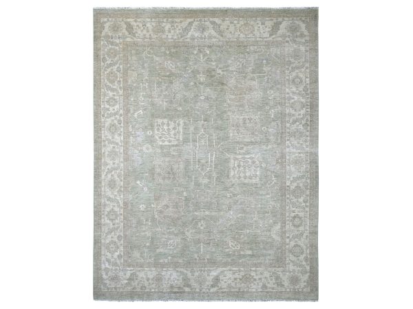9'x11'7" Sage Green, Washed Out Peshawar with All Over Design, Hand Knotted, High Mountain Wool, Densely Woven, Oriental Rug HR22691