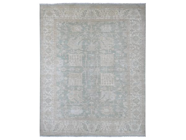 7'9"x9'8" Sage Green, Washed Out Peshawar with All Over Design, Hand Knotted, High Mountain Wool, Densely Woven, Oriental Rug HR22693