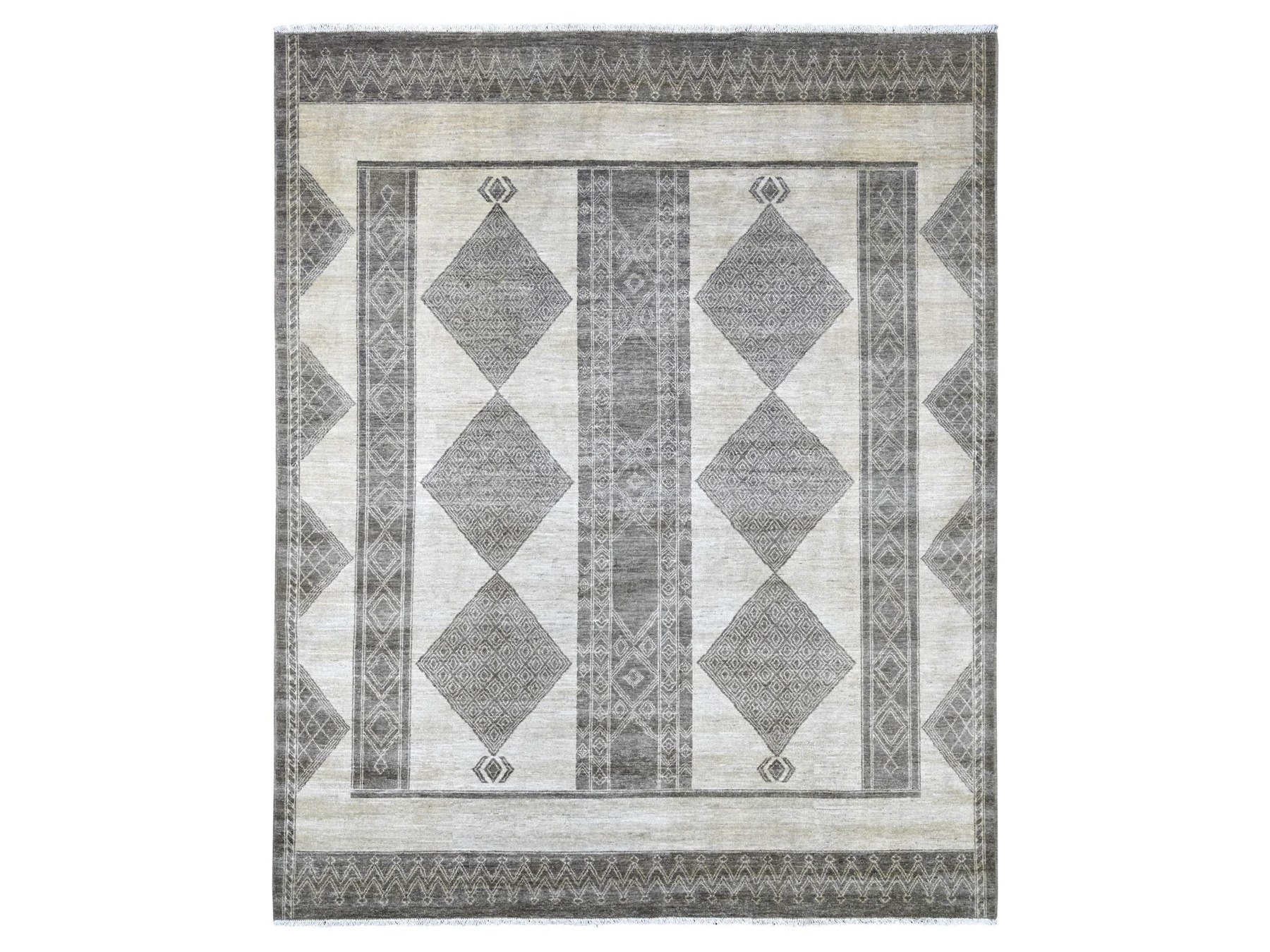 8'x9'7" Ivory and Brown, Moroccan Berber Influence with Geometric Pattern, High Mountain Wool, Denser Weave, Hand Knotted, Oriental Rug HR22695