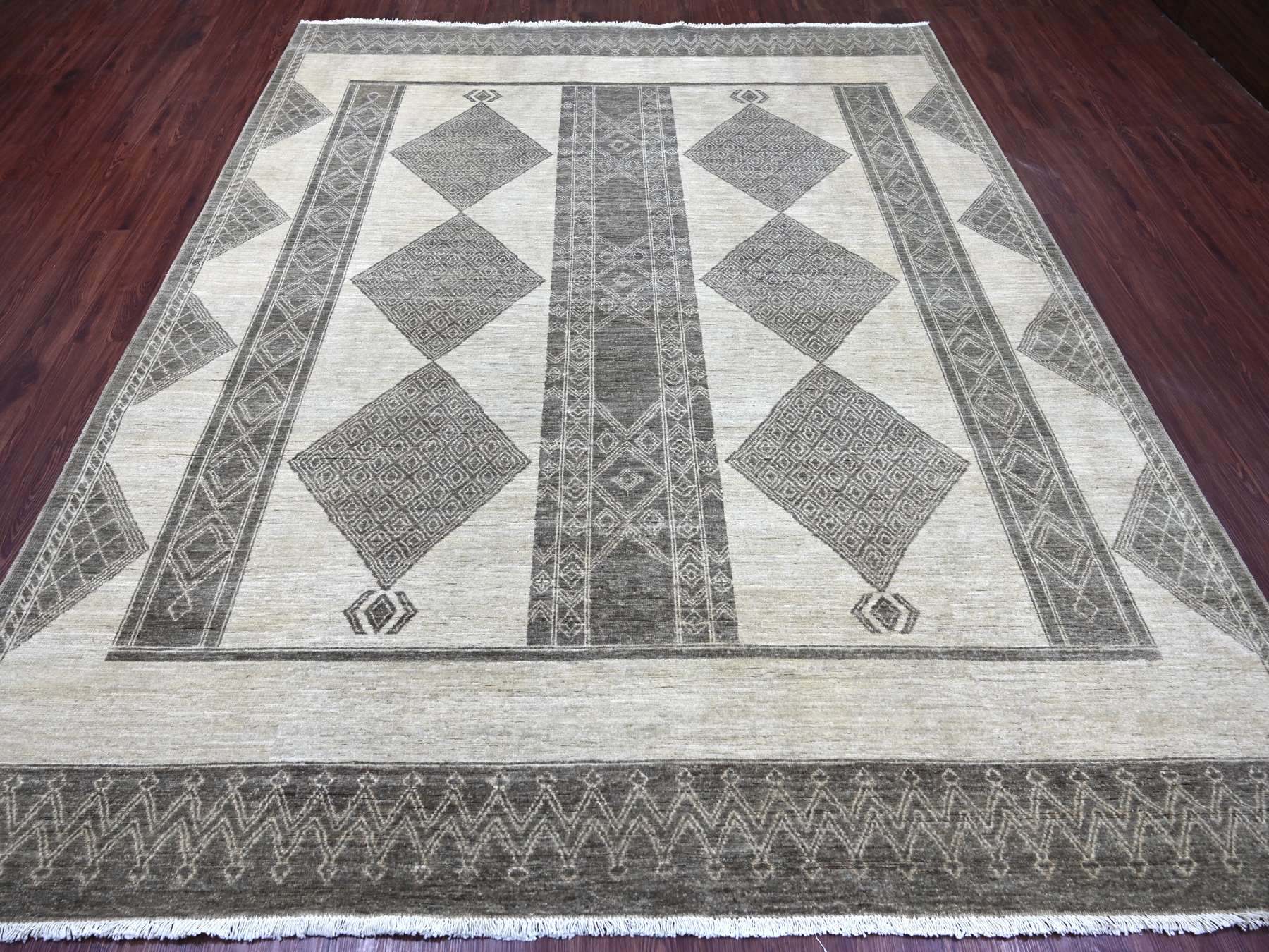 8'x9'7" Ivory and Brown, Moroccan Berber Influence with Geometric Pattern, High Mountain Wool, Denser Weave, Hand Knotted, Oriental Rug HR22695 - Image 2