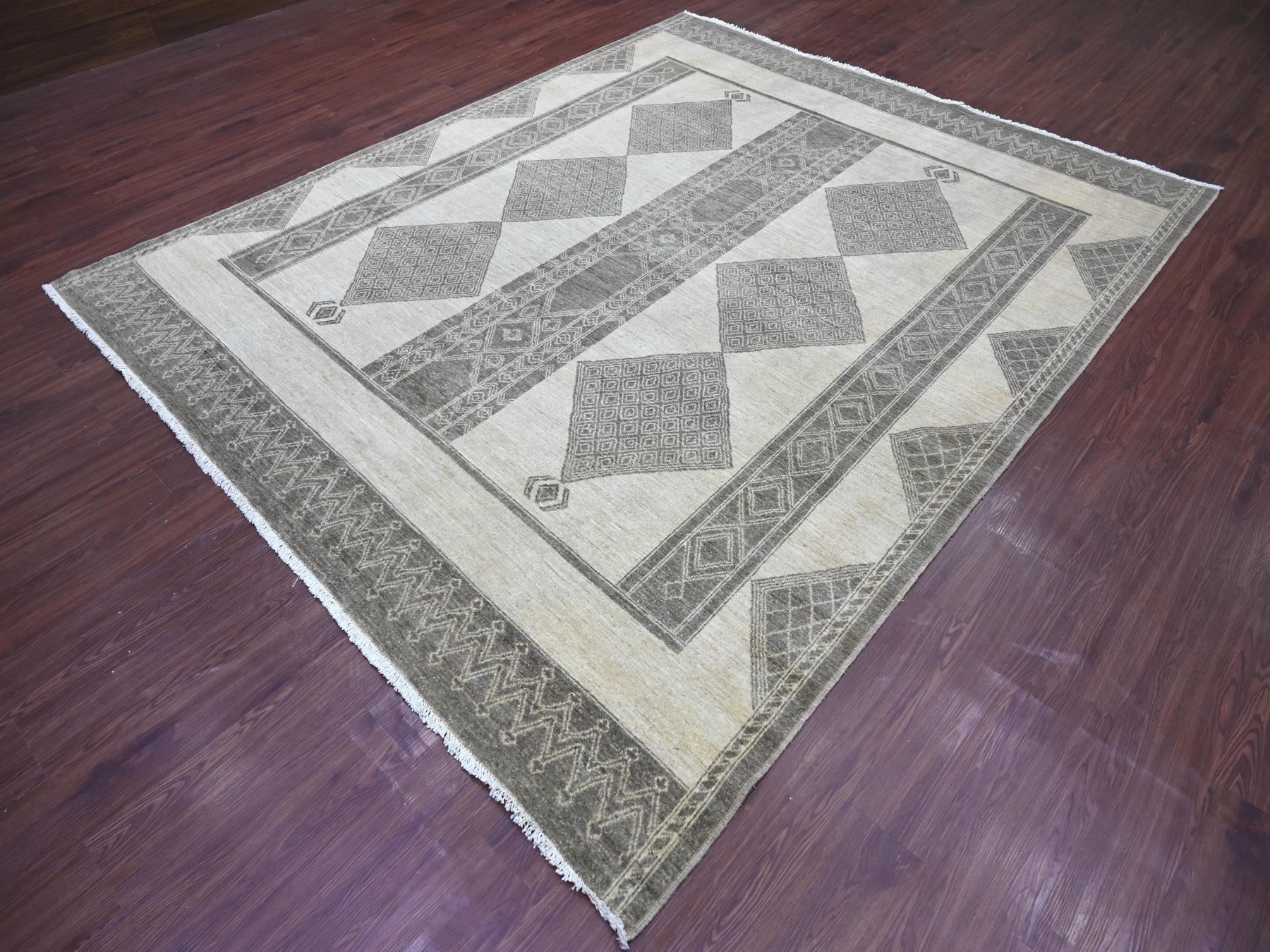 8'x9'7" Ivory and Brown, Moroccan Berber Influence with Geometric Pattern, High Mountain Wool, Denser Weave, Hand Knotted, Oriental Rug HR22695 - Image 3