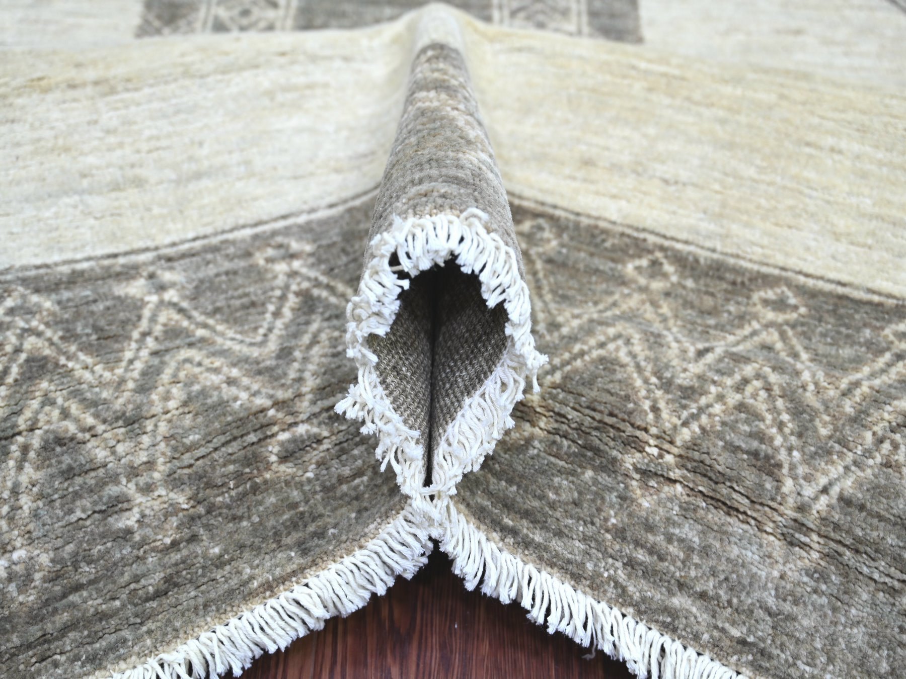 8'x9'7" Ivory and Brown, Moroccan Berber Influence with Geometric Pattern, High Mountain Wool, Denser Weave, Hand Knotted, Oriental Rug HR22695 - Image 5
