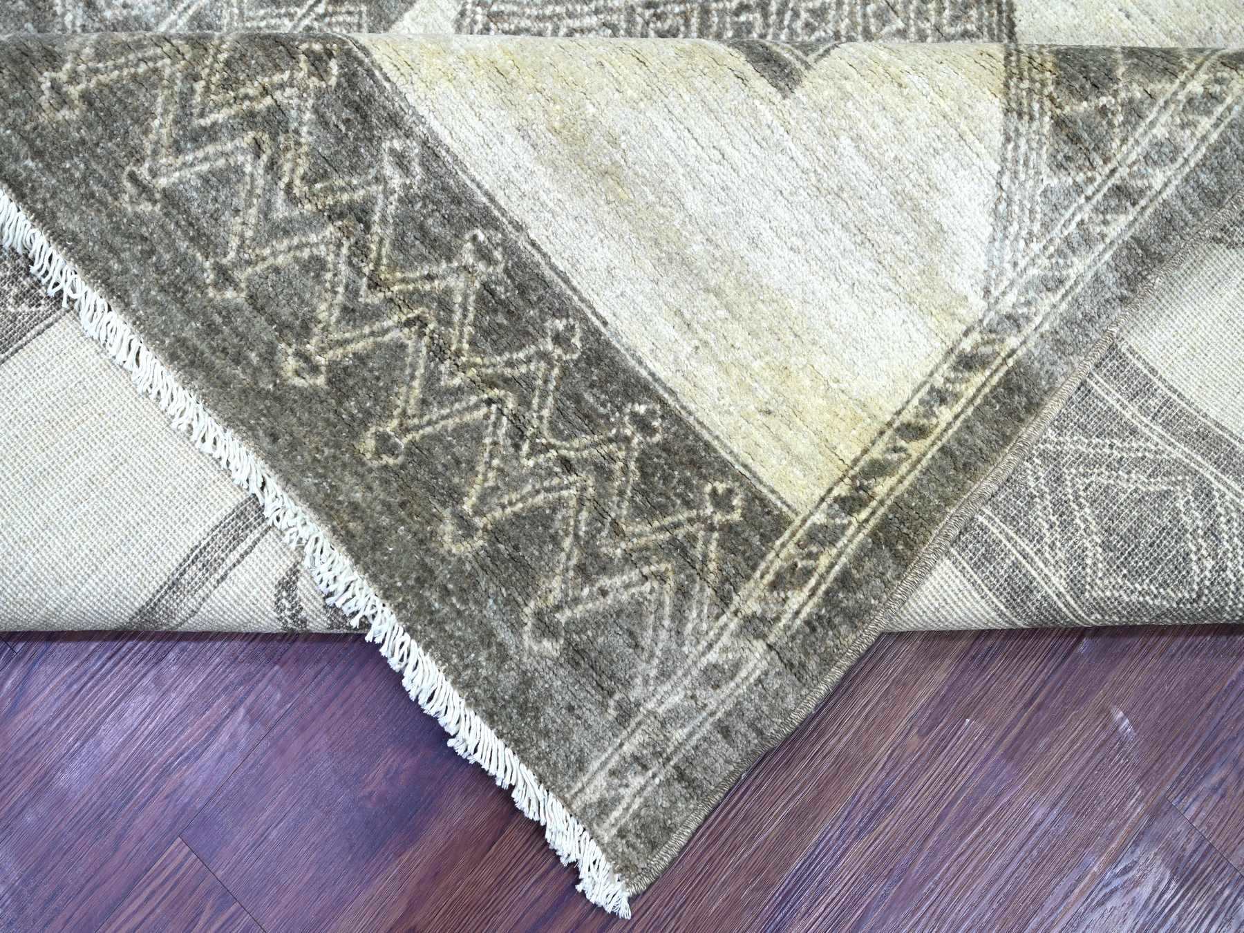 8'x9'7" Ivory and Brown, Moroccan Berber Influence with Geometric Pattern, High Mountain Wool, Denser Weave, Hand Knotted, Oriental Rug HR22695 - Image 6