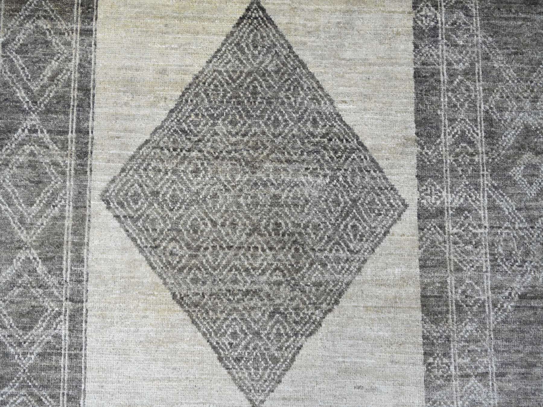 8'x9'7" Ivory and Brown, Moroccan Berber Influence with Geometric Pattern, High Mountain Wool, Denser Weave, Hand Knotted, Oriental Rug HR22695 - Image 8