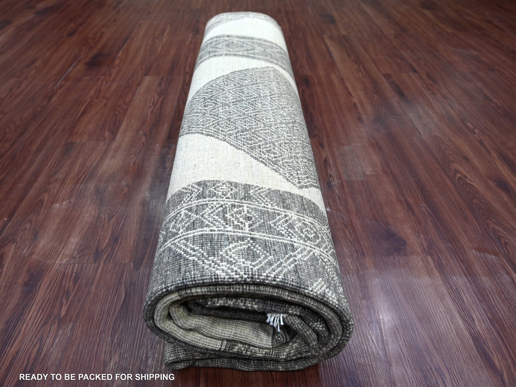 8'x9'7" Ivory and Brown, Moroccan Berber Influence with Geometric Pattern, High Mountain Wool, Denser Weave, Hand Knotted, Oriental Rug HR22695 - Image 9