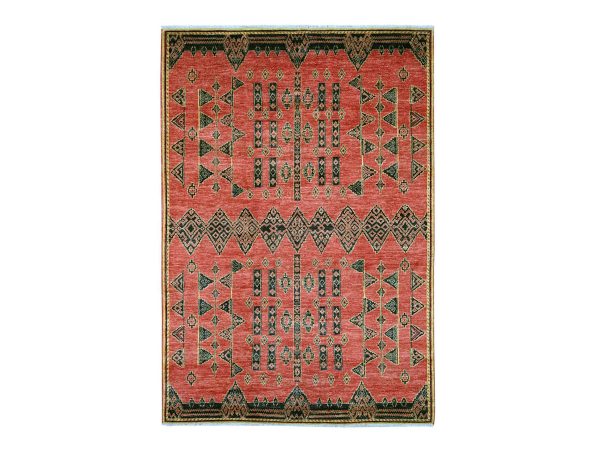 6'1"x9' Crimson Red, Densely Woven, Hand Knotted, Soft And Shiny Wool, Peshawar with Berber Influence Geometric Pattern, Natural Dyes, Oriental Rug HR22697