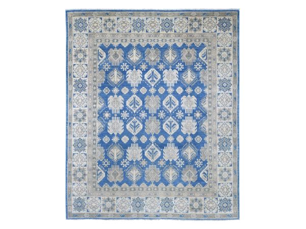 7'10"x9'7" Marlin Blue, Vintage Look Kazak with All Over Tribal Motifs, Hand Knotted, 100% Wool, Natural Dyes, Oriental Rug HR22716