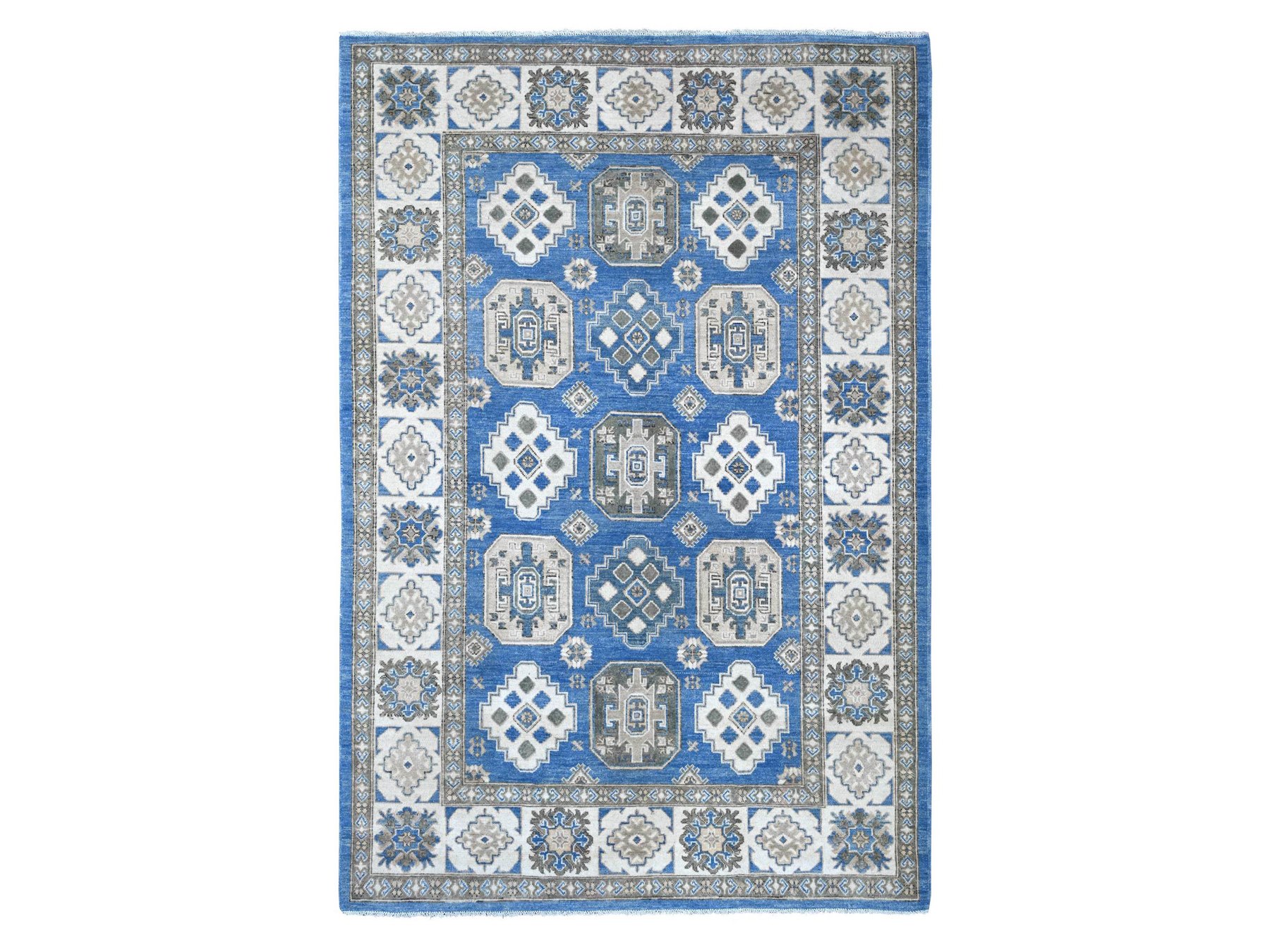 5'10"x8'9" Bayern Blue, Vintage Look Kazak with All Over Geometric Motifs, Hand Knotted, 100% Wool, Natural Dyes, Oriental Rug HR22717