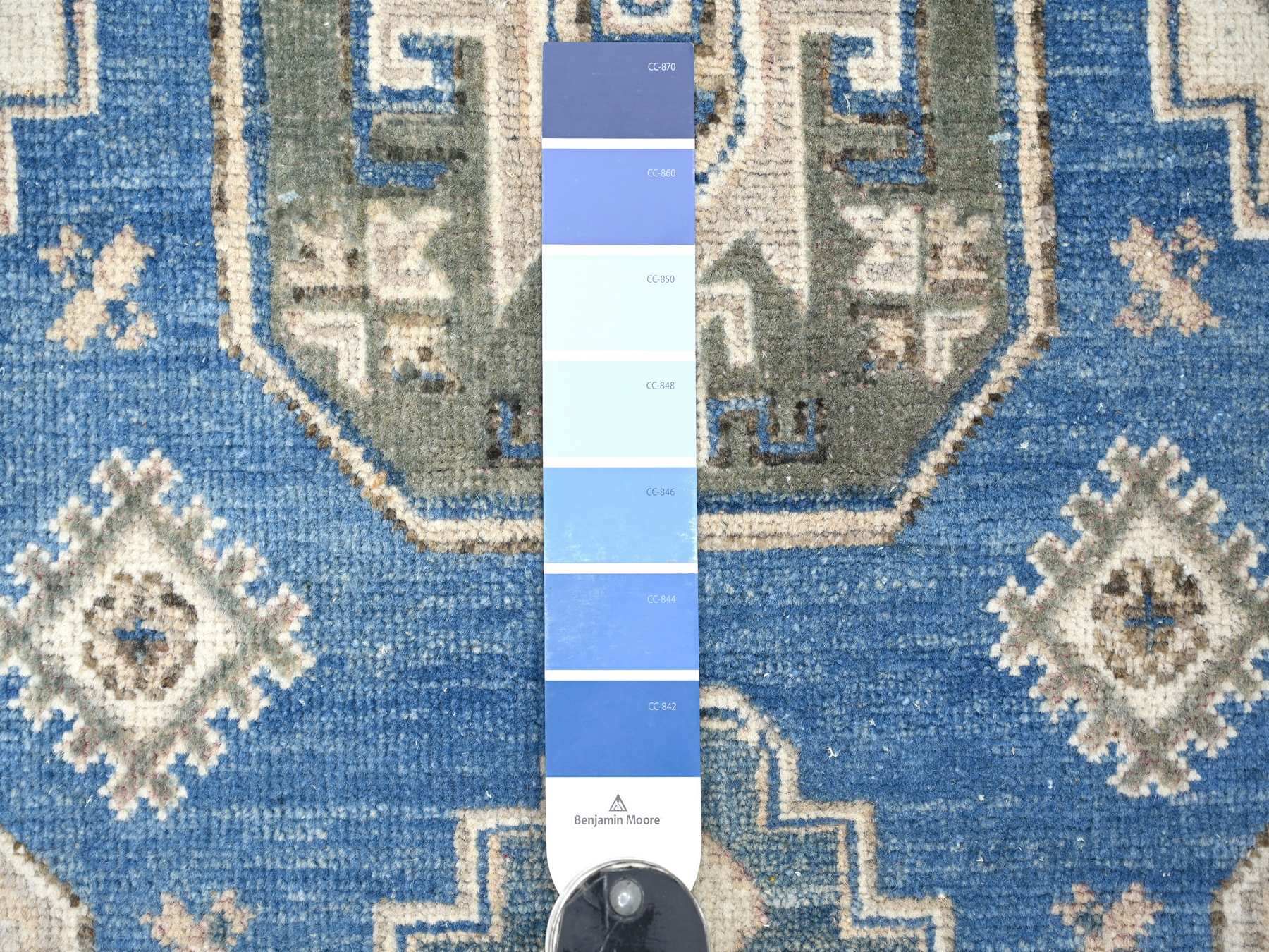 5'10"x8'9" Bayern Blue, Vintage Look Kazak with All Over Geometric Motifs, Hand Knotted, 100% Wool, Natural Dyes, Oriental Rug HR22717 - Image 3