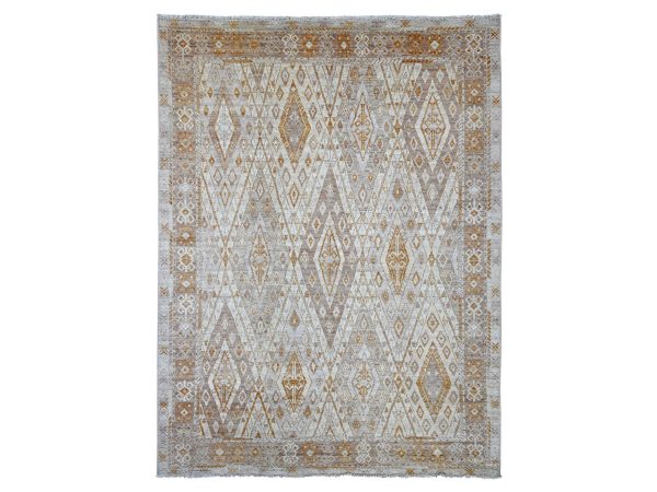 8'10"x11'8" Light Gray, Anatolian Village Inspired Design with Geometric Pattern, Hand Knotted, Pure Wool, Vegetable Dyes, Oriental Rug HR22746