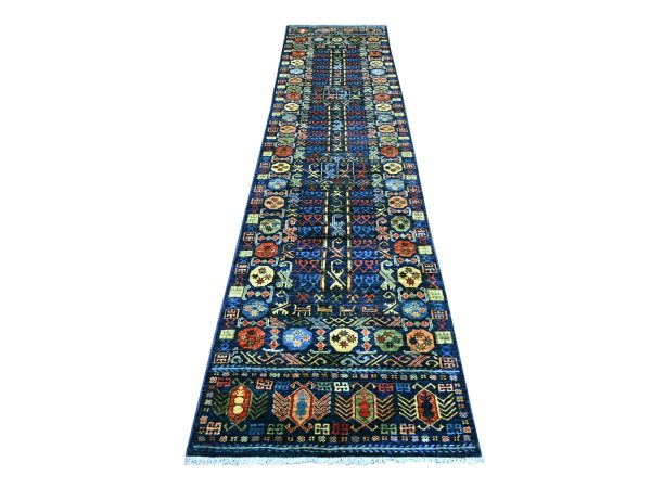 2'10"x11'9" Yale Blue, Afghan Ersari with Hutchlu Design, Reimagined, Hand Knotted, Vegetable Dyes, Denser Weave, Soft Wool, Runner, Oriental Rug HR22787