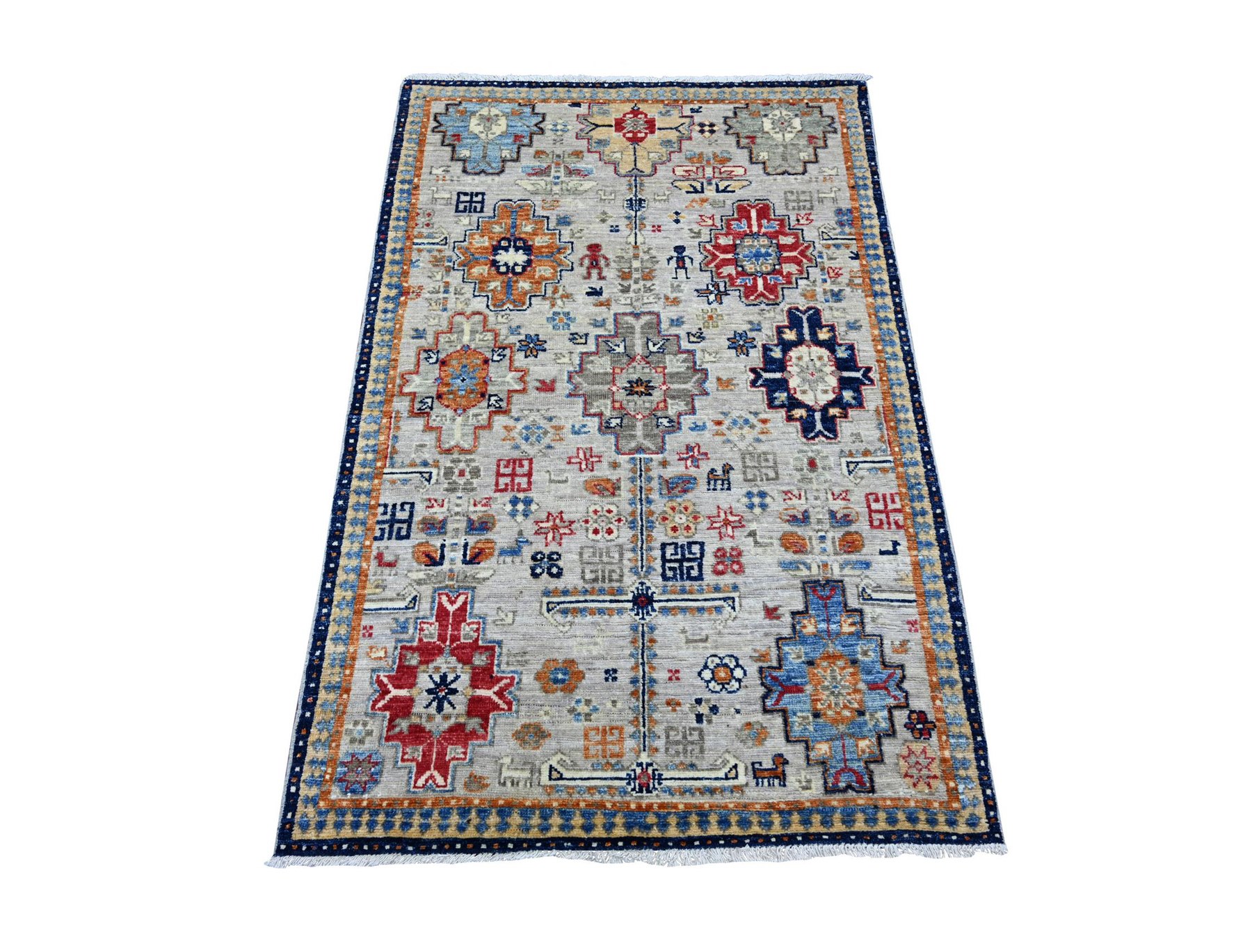 3'2"x4'10" Pastel Gray, Afghan Ersari with Turkish Knot, Caucasian Design Revival, Hand Knotted, Soft Wool, Vegetable Dyes, Densely Woven, Oriental Rug HR22788
