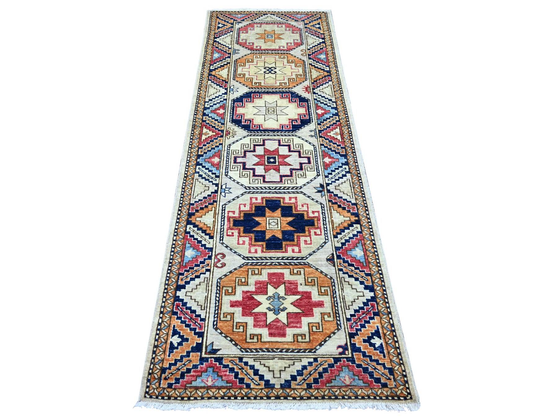 2'8"x7'10" Pearl White, Afghan Ersari with Elephant Feet Design, Hand Knotted, Natural Dyes, Denser Weave, Pure Wool, Runner, Oriental Rug HR22789