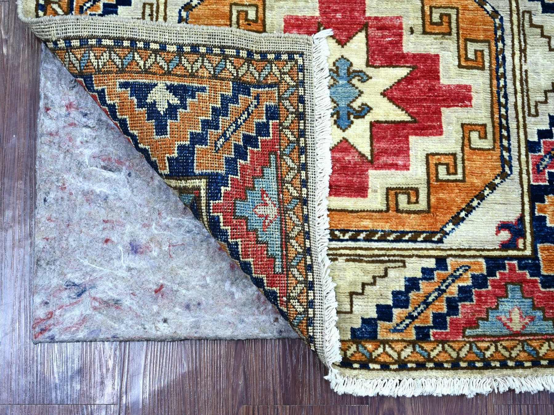 2'8"x7'10" Pearl White, Afghan Ersari with Elephant Feet Design, Hand Knotted, Natural Dyes, Denser Weave, Pure Wool, Runner, Oriental Rug HR22789 - Image 2