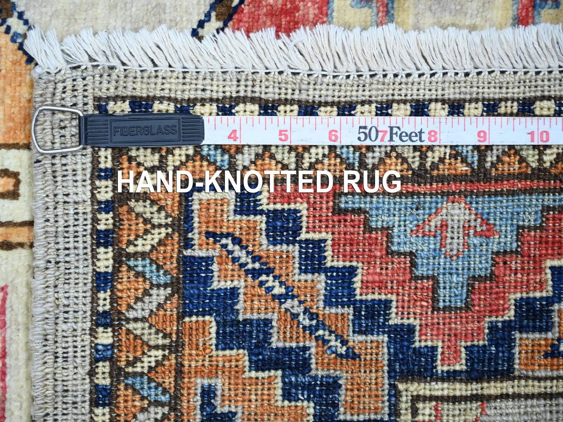2'8"x7'10" Pearl White, Afghan Ersari with Elephant Feet Design, Hand Knotted, Natural Dyes, Denser Weave, Pure Wool, Runner, Oriental Rug HR22789 - Image 6