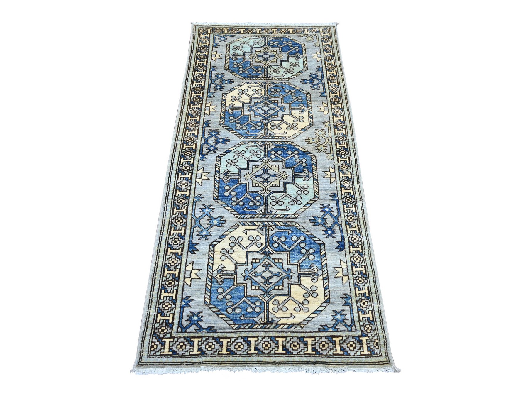 2'9"x6' Misty Gray, Hand Knotted, Afghan Ersari with Elephant Feet Design, Natural Dyes, Denser Weave, Pure Wool, Runner, Oriental Rug HR22790