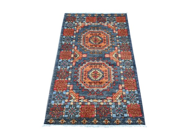 3'1"x5'1" Charcoal Gray, Afghan Ersari with Elephant Feet Design, Hand Knotted, Natural Dyes, Denser Weave, Pure Wool, Oriental Rug HR22791
