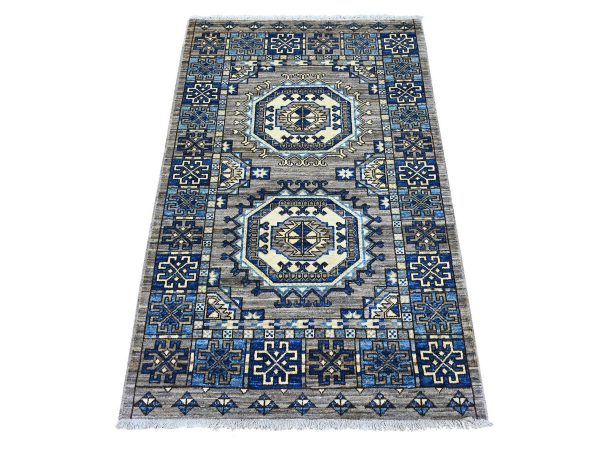 3'x4'8" Fossil Gray, Afghan Ersari with Elephant Feet Design, Hand Knotted, Vegetable Dyes, Pure Wool, Oriental Rug HR22794