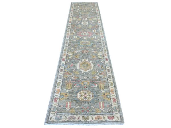 2'9"x12'1" Sonic Gray, Peshawar with Heriz All Over Design, Densely Woven, Hand Knotted, High Mountain Wool, Runner, Oriental Rug HR22803