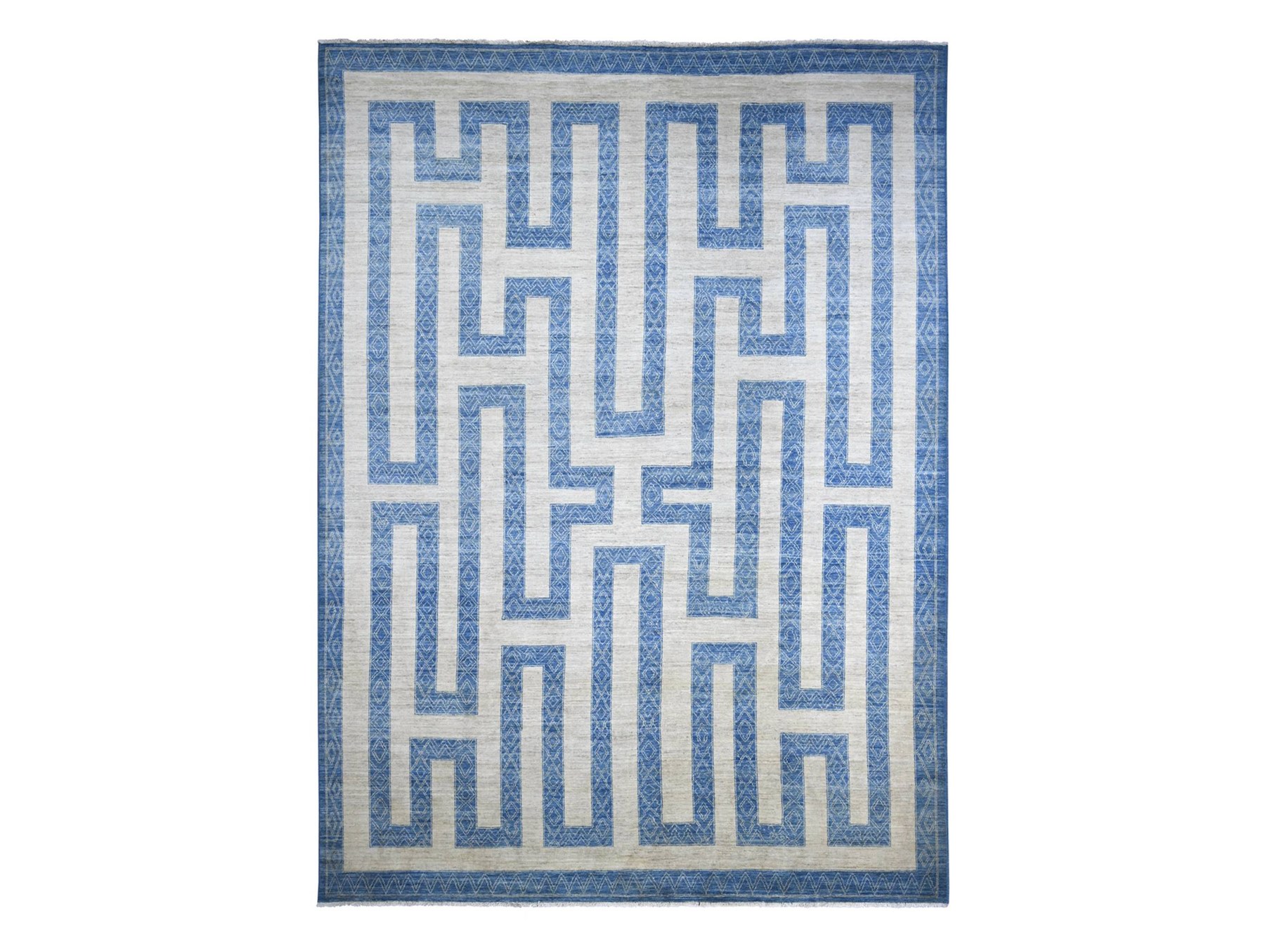 9'10"x13'6" Bayern Blue, Fine Peshawar with Intricate Geometric Motifs Maze Design, Dense Weave, Soft and Shiny Wool, Hand Knotted, Oriental Rug HR22810