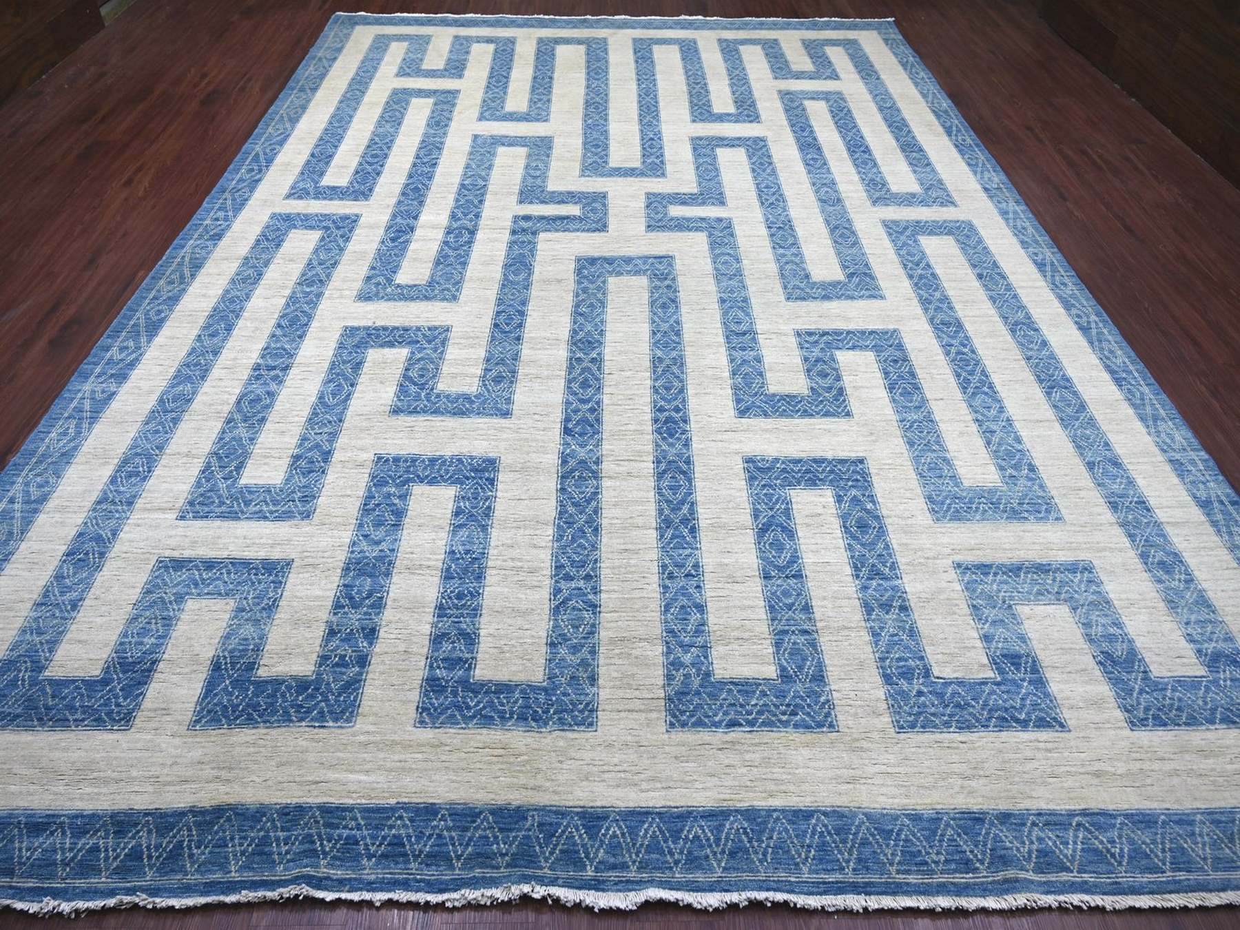 9'10"x13'6" Bayern Blue, Fine Peshawar with Intricate Geometric Motifs Maze Design, Dense Weave, Soft and Shiny Wool, Hand Knotted, Oriental Rug HR22810 - Image 2