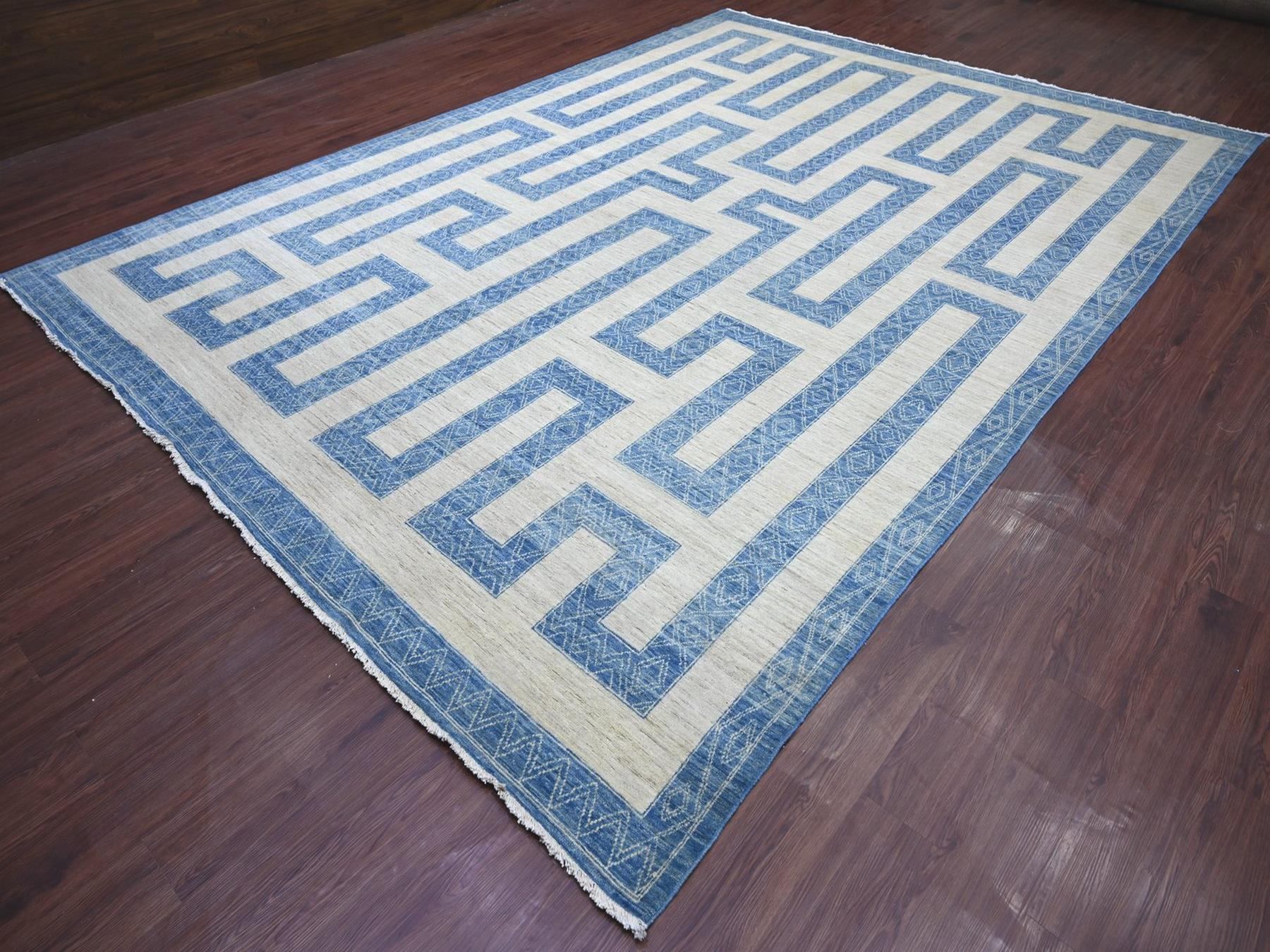 9'10"x13'6" Bayern Blue, Fine Peshawar with Intricate Geometric Motifs Maze Design, Dense Weave, Soft and Shiny Wool, Hand Knotted, Oriental Rug HR22810 - Image 3