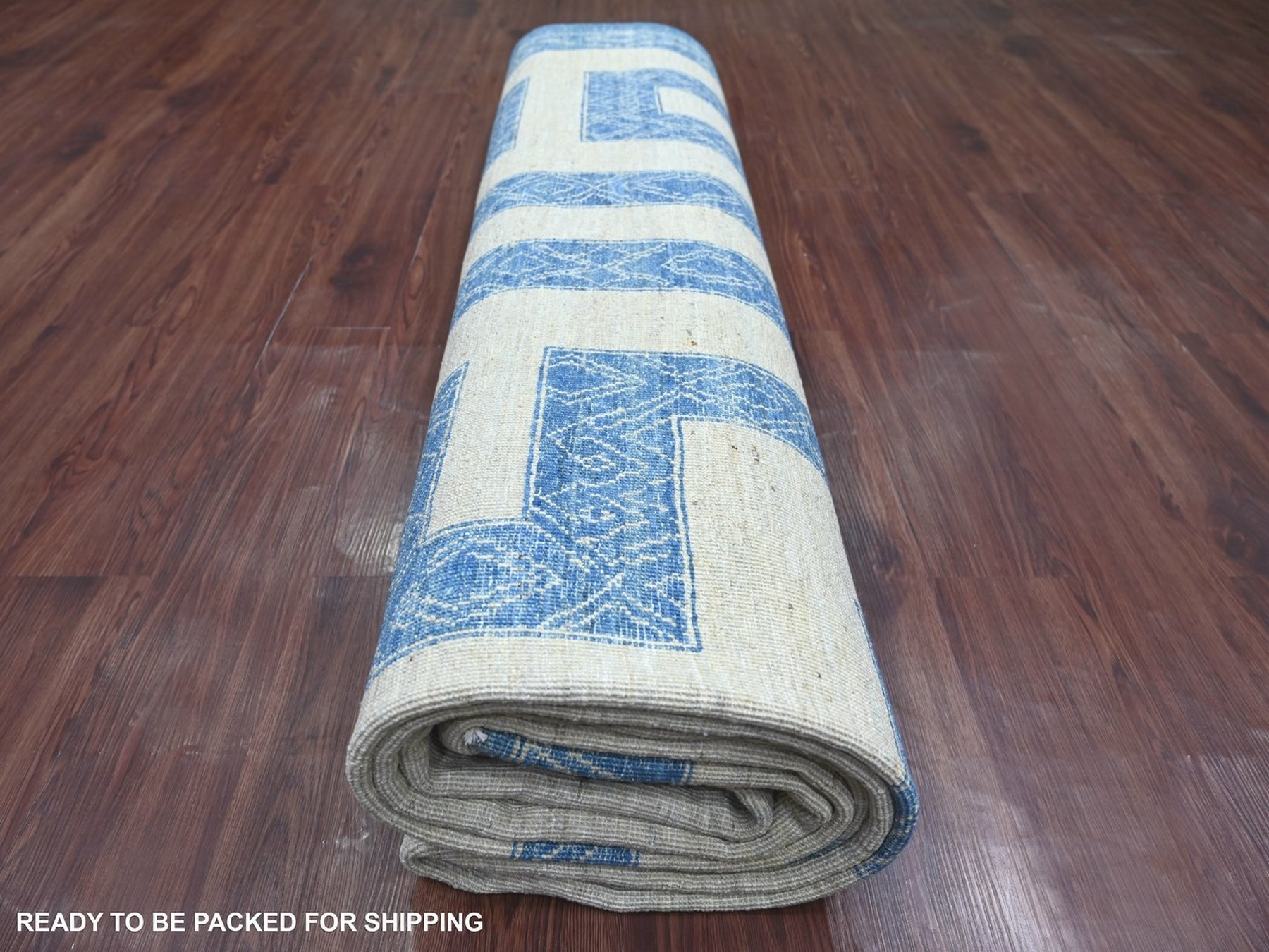 9'10"x13'6" Bayern Blue, Fine Peshawar with Intricate Geometric Motifs Maze Design, Dense Weave, Soft and Shiny Wool, Hand Knotted, Oriental Rug HR22810 - Image 9