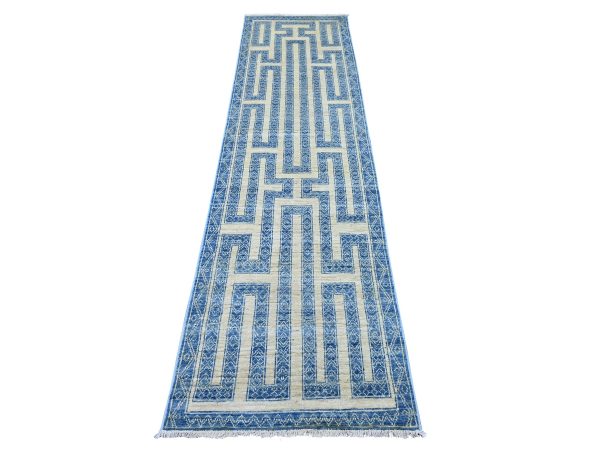 2'5"x9'5" Bayern Blue, Fine Peshawar with Intricate Geometric Motifs Maze Design, Dense Weave, Hand Knotted, Soft and Shiny Wool, Runner, Oriental Rug HR22811