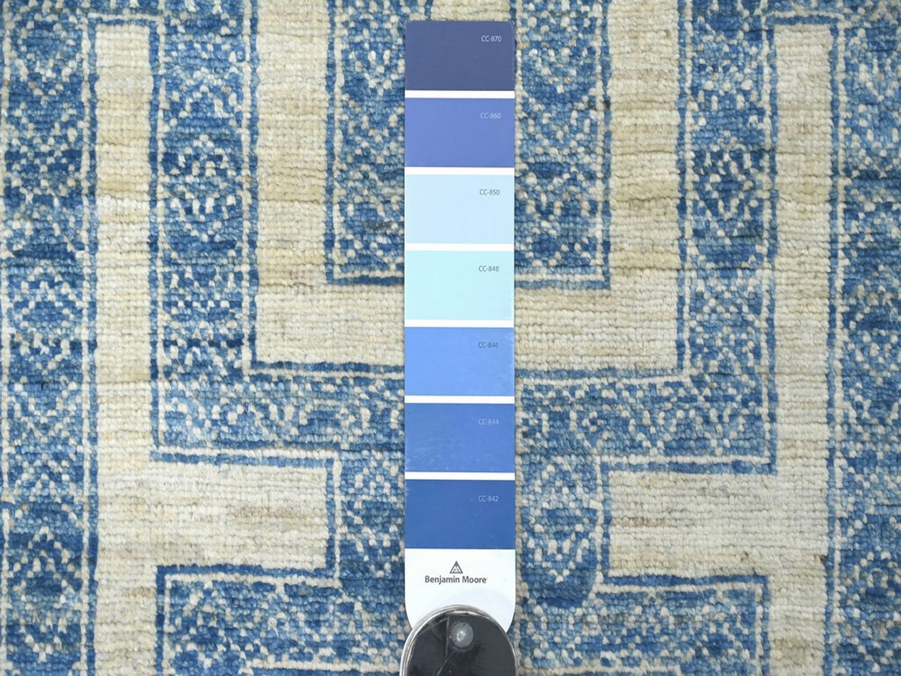 2'5"x9'5" Bayern Blue, Fine Peshawar with Intricate Geometric Motifs Maze Design, Dense Weave, Hand Knotted, Soft and Shiny Wool, Runner, Oriental Rug HR22811 - Image 3