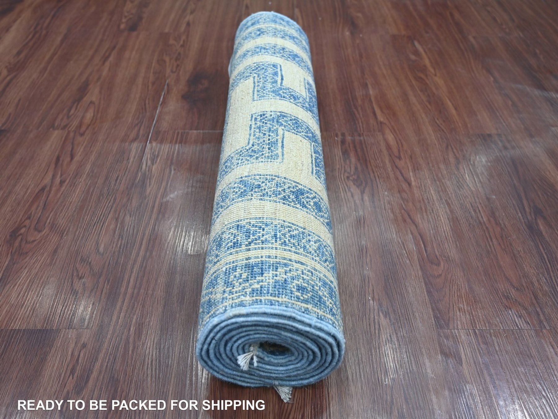 2'5"x9'5" Bayern Blue, Fine Peshawar with Intricate Geometric Motifs Maze Design, Dense Weave, Hand Knotted, Soft and Shiny Wool, Runner, Oriental Rug HR22811 - Image 4