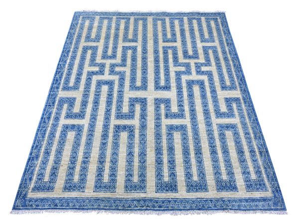 5'x6' Bayern Blue, Fine Peshawar with Intricate Geometric Motifs Maze Design, Dense Weave, Soft and Shiny Wool, Hand Knotted, Oriental Rug HR22813