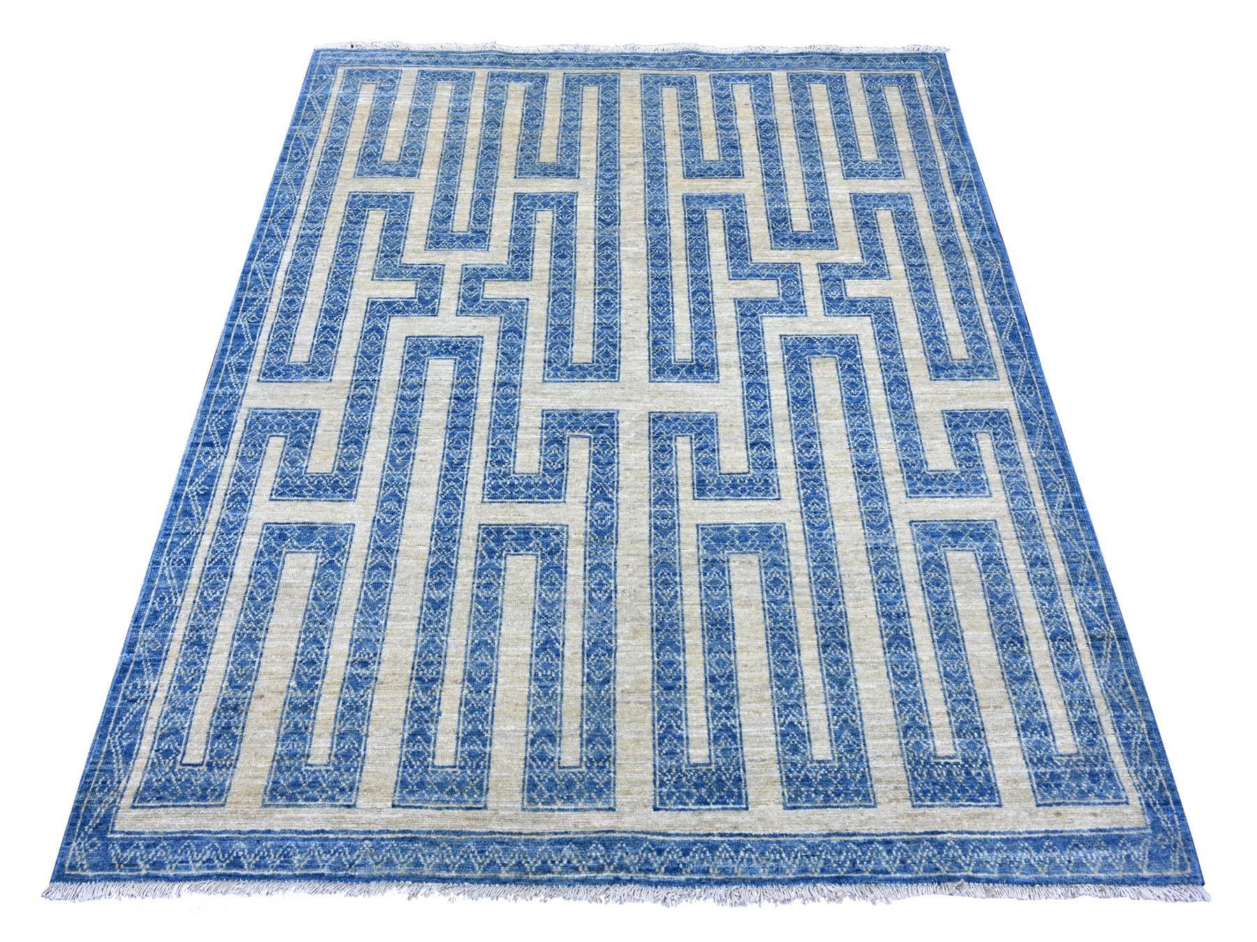 5'x6' Bayern Blue, Fine Peshawar with Intricate Geometric Motifs Maze Design, Dense Weave, Soft and Shiny Wool, Hand Knotted, Oriental Rug HR22813