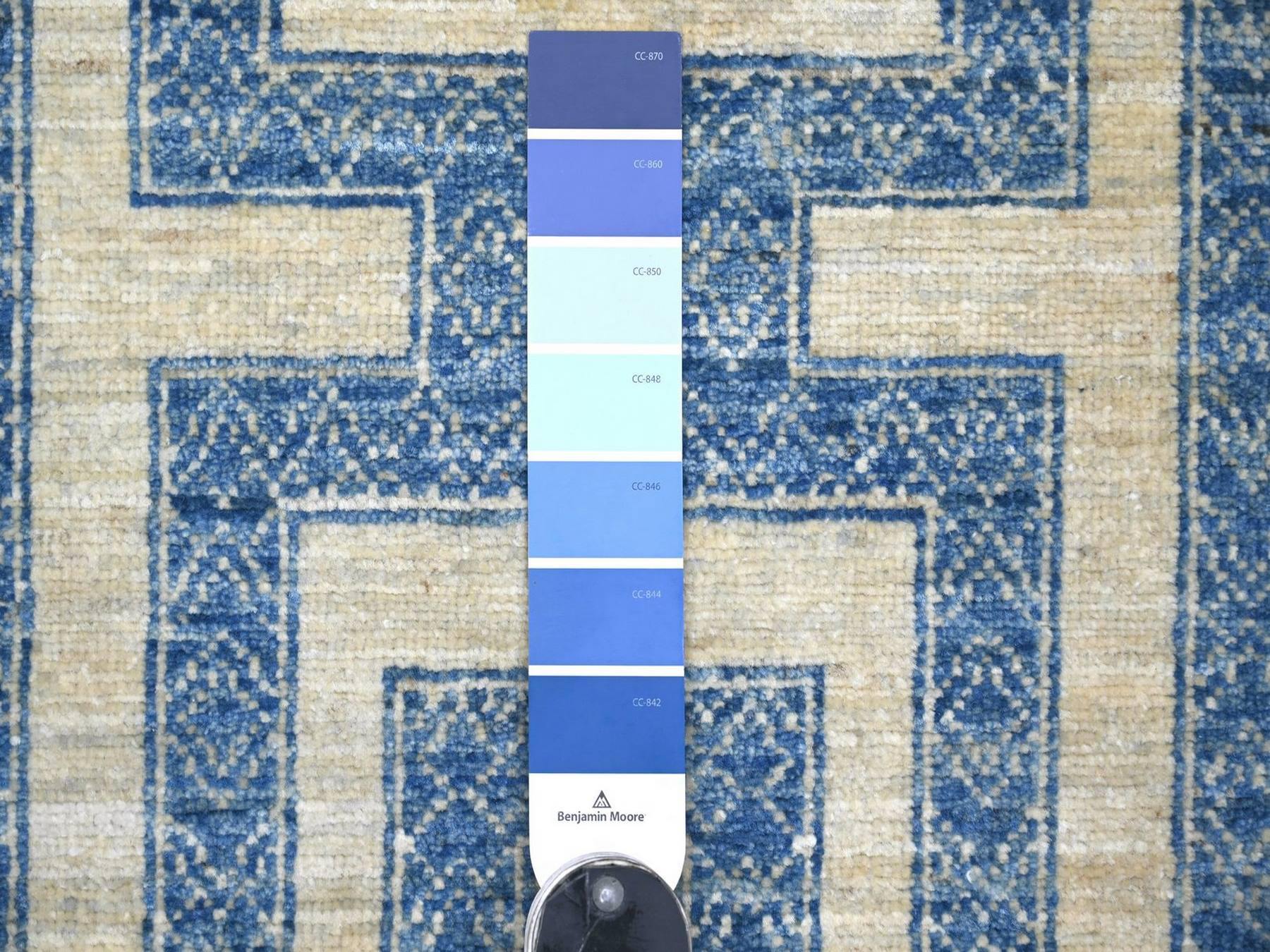 5'x6' Bayern Blue, Fine Peshawar with Intricate Geometric Motifs Maze Design, Dense Weave, Soft and Shiny Wool, Hand Knotted, Oriental Rug HR22813 - Image 3