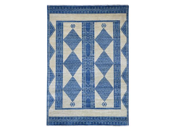6'x8'10" Ivory and Blue, Moroccan Berber Influence with Geometric Pattern, High Mountain Wool, Denser Weave, Hand Knotted, Oriental Rug HR22815