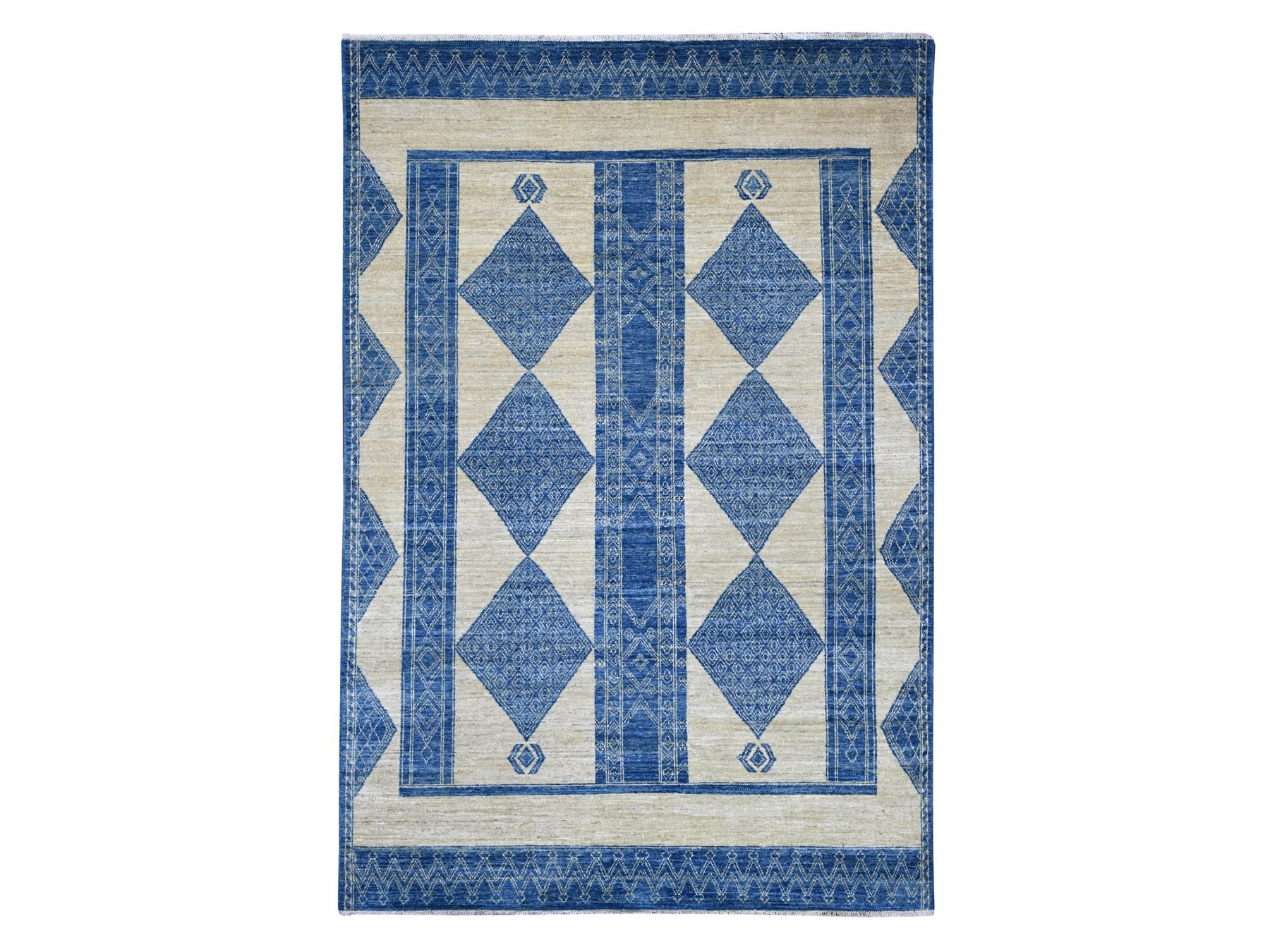 6'x8'10" Ivory and Blue, Moroccan Berber Influence with Geometric Pattern, High Mountain Wool, Denser Weave, Hand Knotted, Oriental Rug HR22815