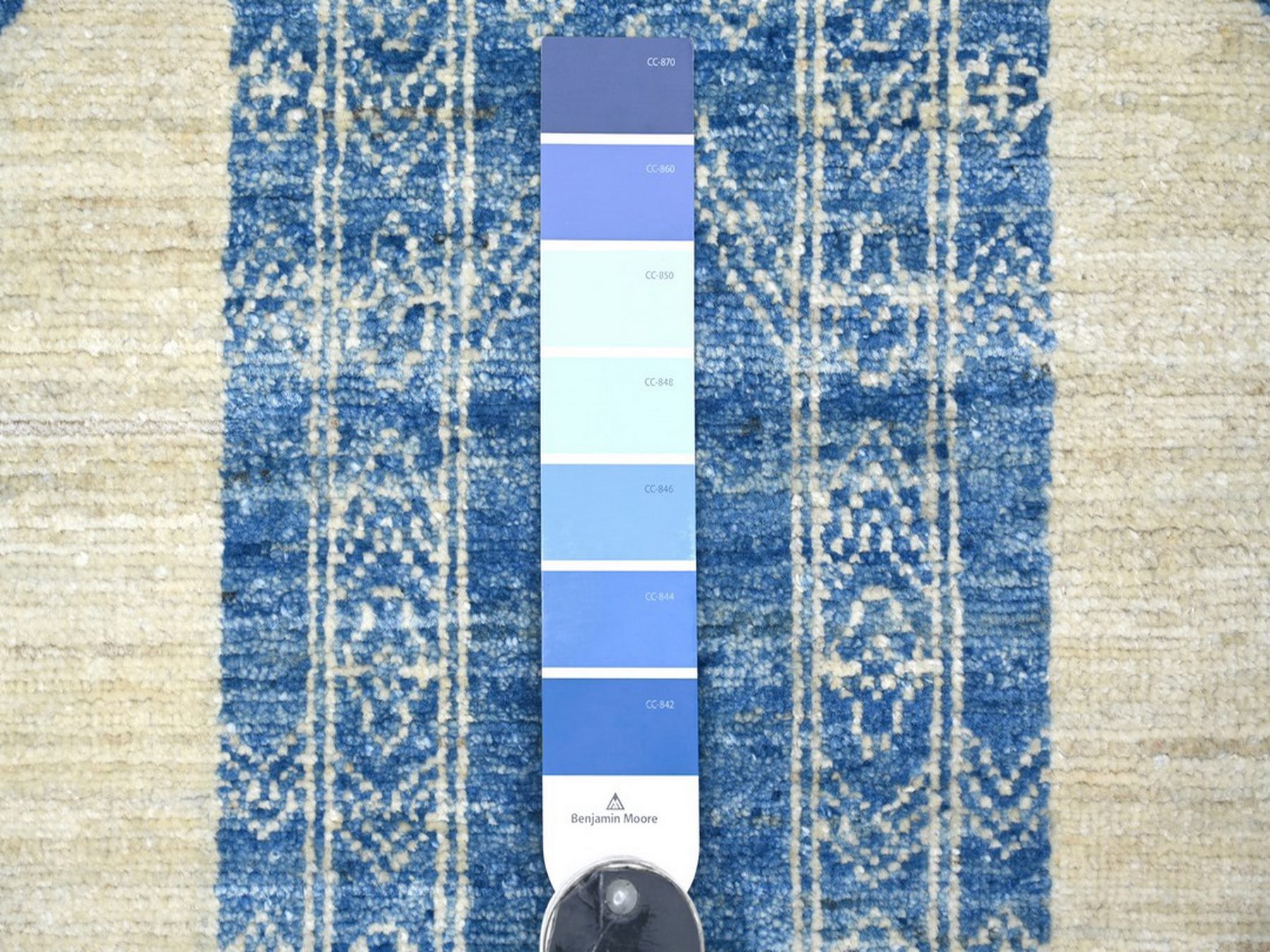 6'x8'10" Ivory and Blue, Moroccan Berber Influence with Geometric Pattern, High Mountain Wool, Denser Weave, Hand Knotted, Oriental Rug HR22815 - Image 3