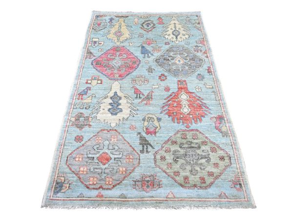 4'x6'1" Light Blue, Anatolian Village Inspired with Bird Figurines and Medallions Design, 100% Wool, Hand Knotted, Natural Dyes, Oriental Rug HR22824