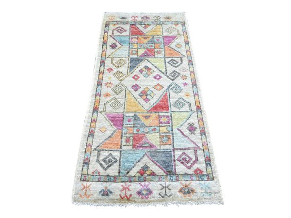 2'10"x6' Light Gray, Anatolian Village Inspired Design with Geometric Pattern, Hand Knotted, Pure Wool, Vegetable Dyes, Runner, Oriental Rug HR22825